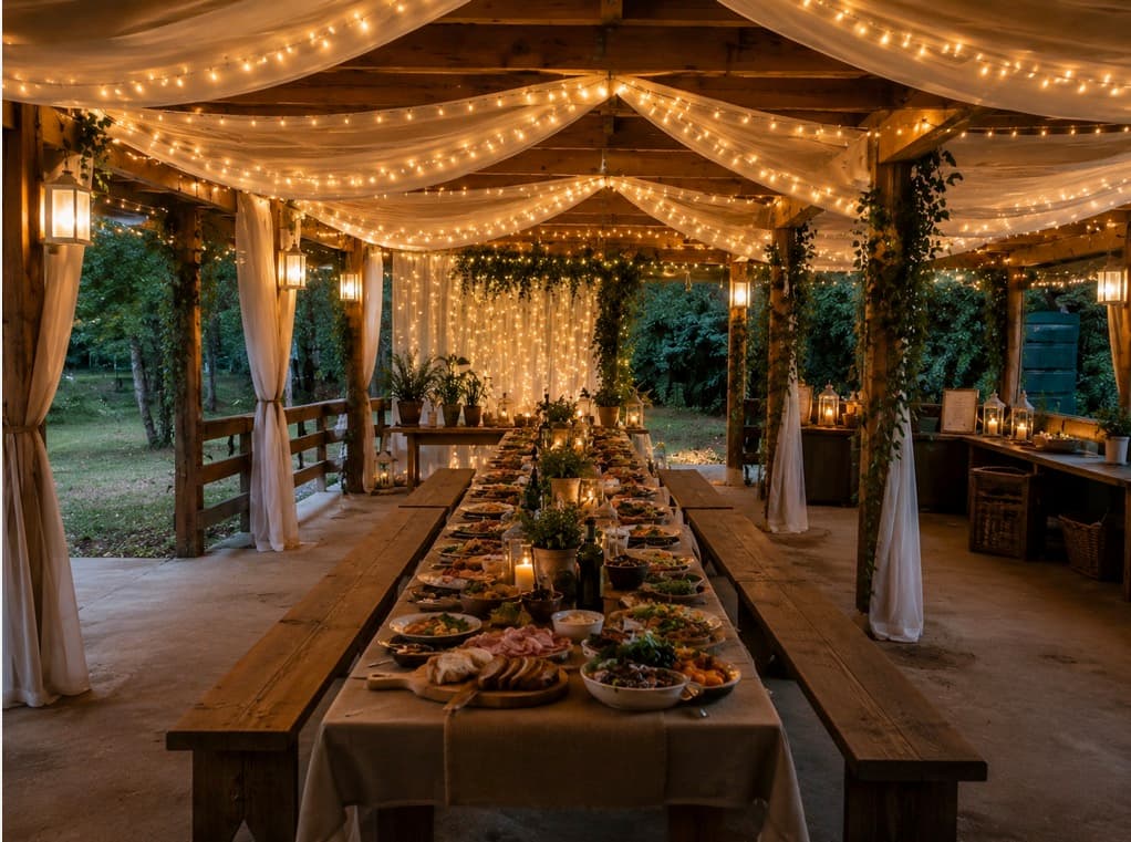 Long-table dinner beneath the pavilion