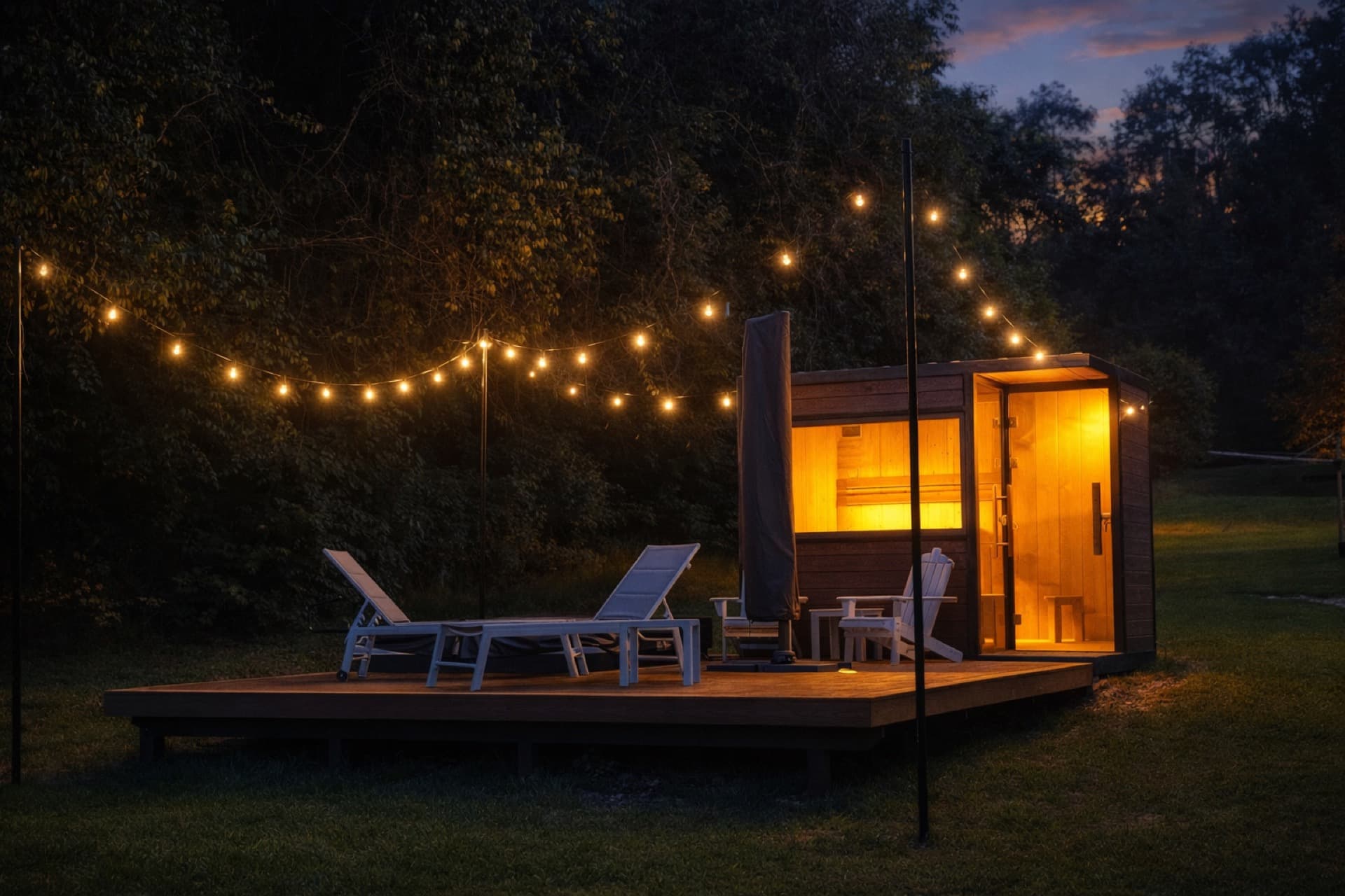 Outdoor sauna at dusk